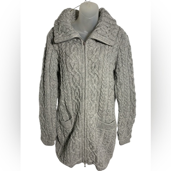 SAOL Ireland Long Tradition Cable Knit Zip Merino Wool Coat Cardigan Sma… - Picture 1 of 8